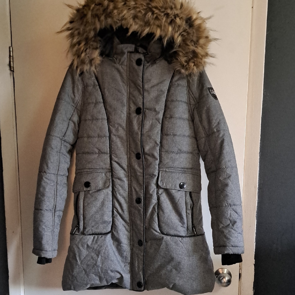 Unik Gray Puffer Coat with Faux Fur Hood